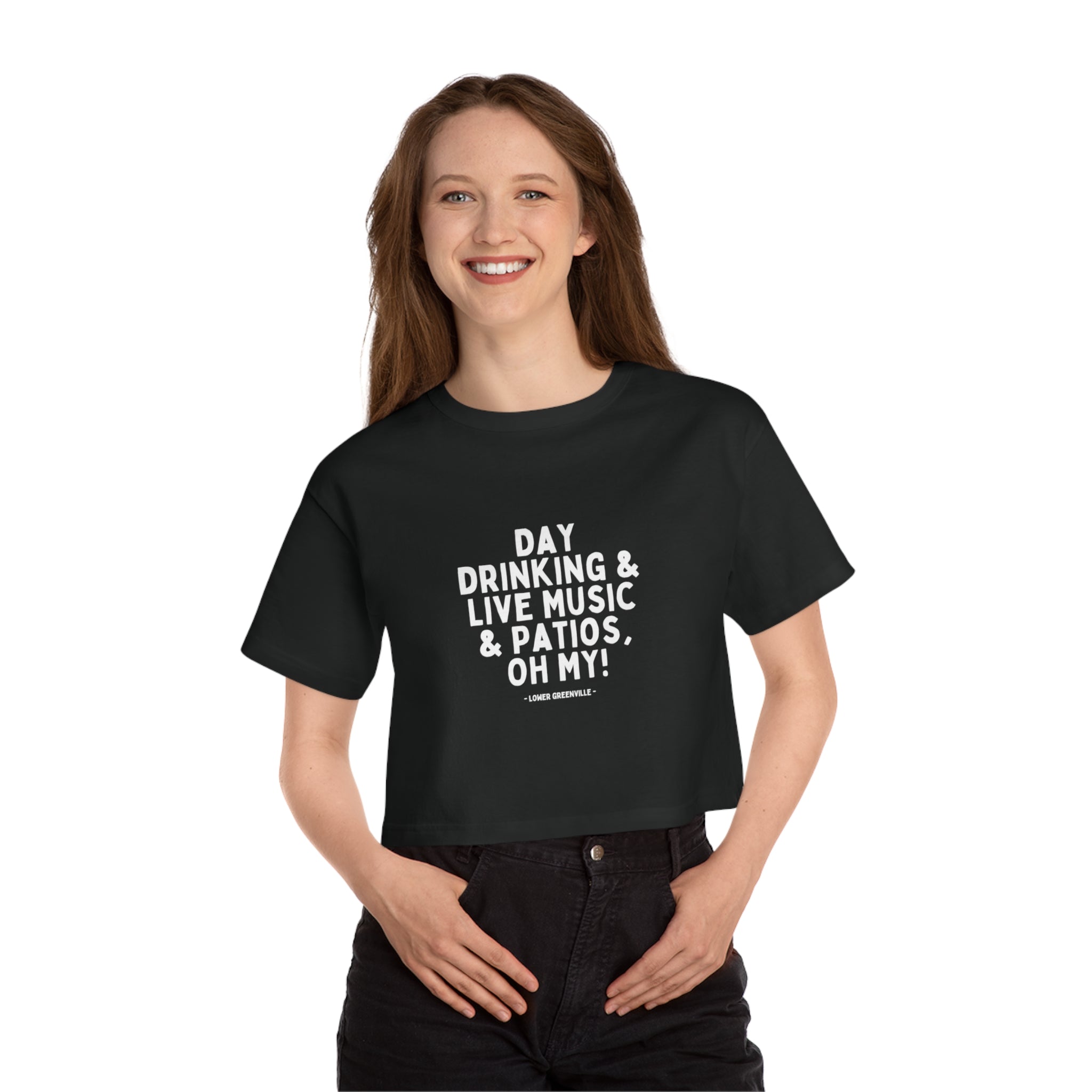 Day Drinking, Live Music, & Patios, Oh My! Cropped T-Shirt - Friends of Lower Greenville