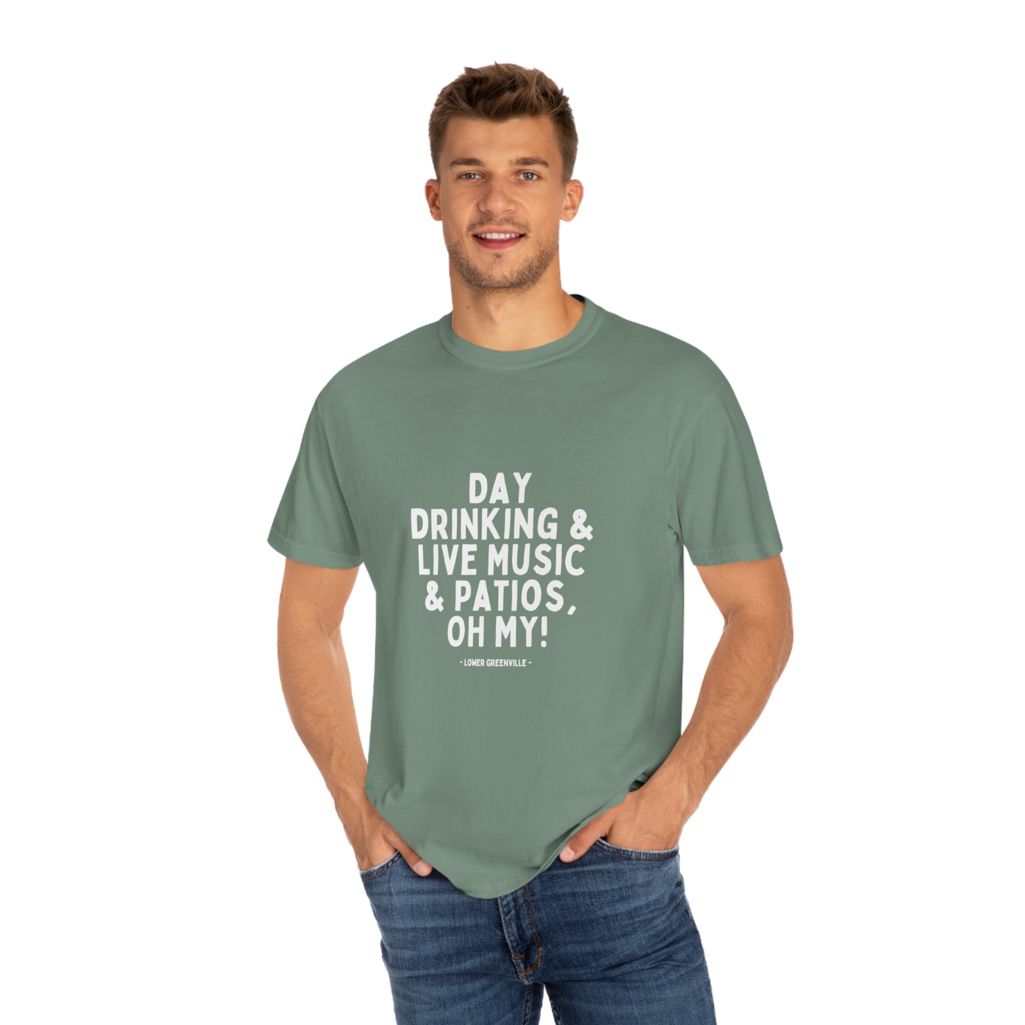 Day Drinking, & Live Music, & Patios, Oh My! T-shirt - Friends of Lower Greenville